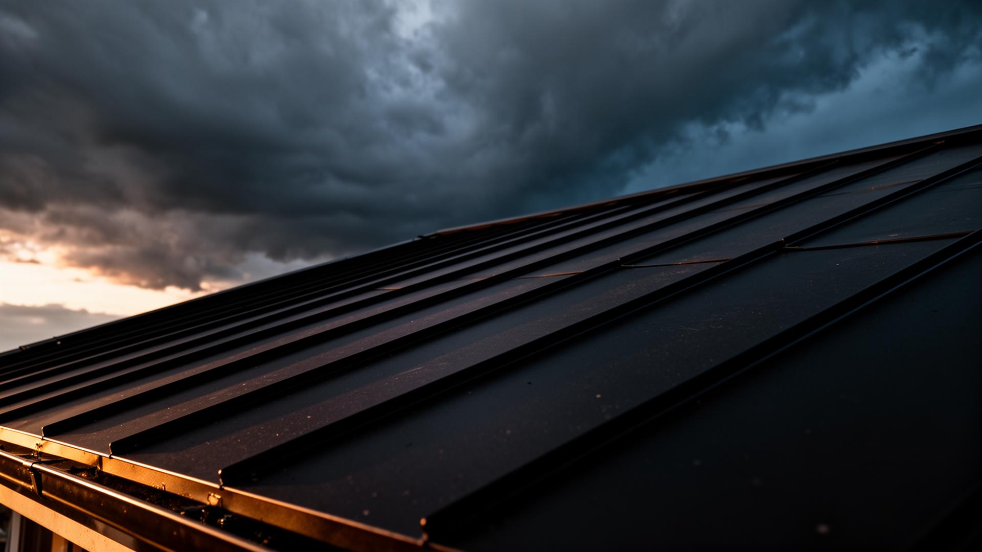 Standing seam metal roof against a stormy sky